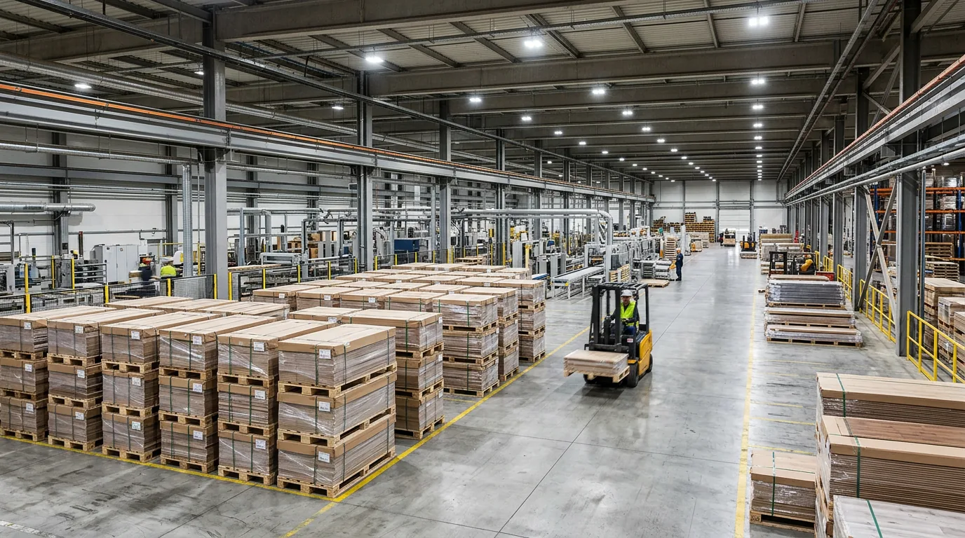 Hala produkcyjna z paletami paneli podłogowych