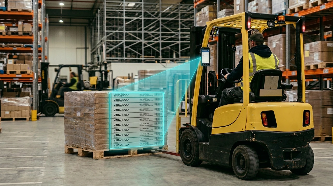 Wozek widlowy skanujacy kody kreskowe na palecie