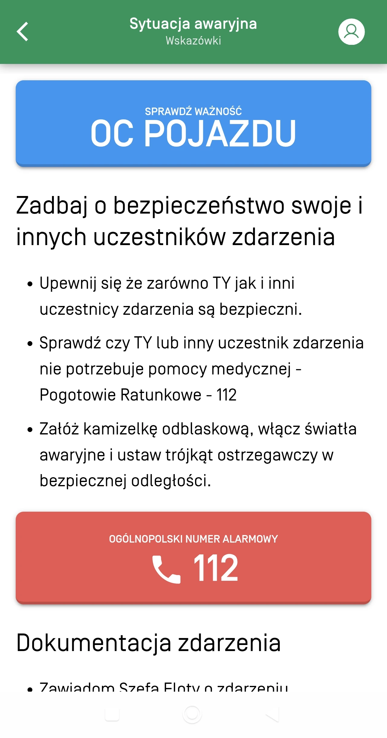 Widok awaryjny w aplikacji Carfleet