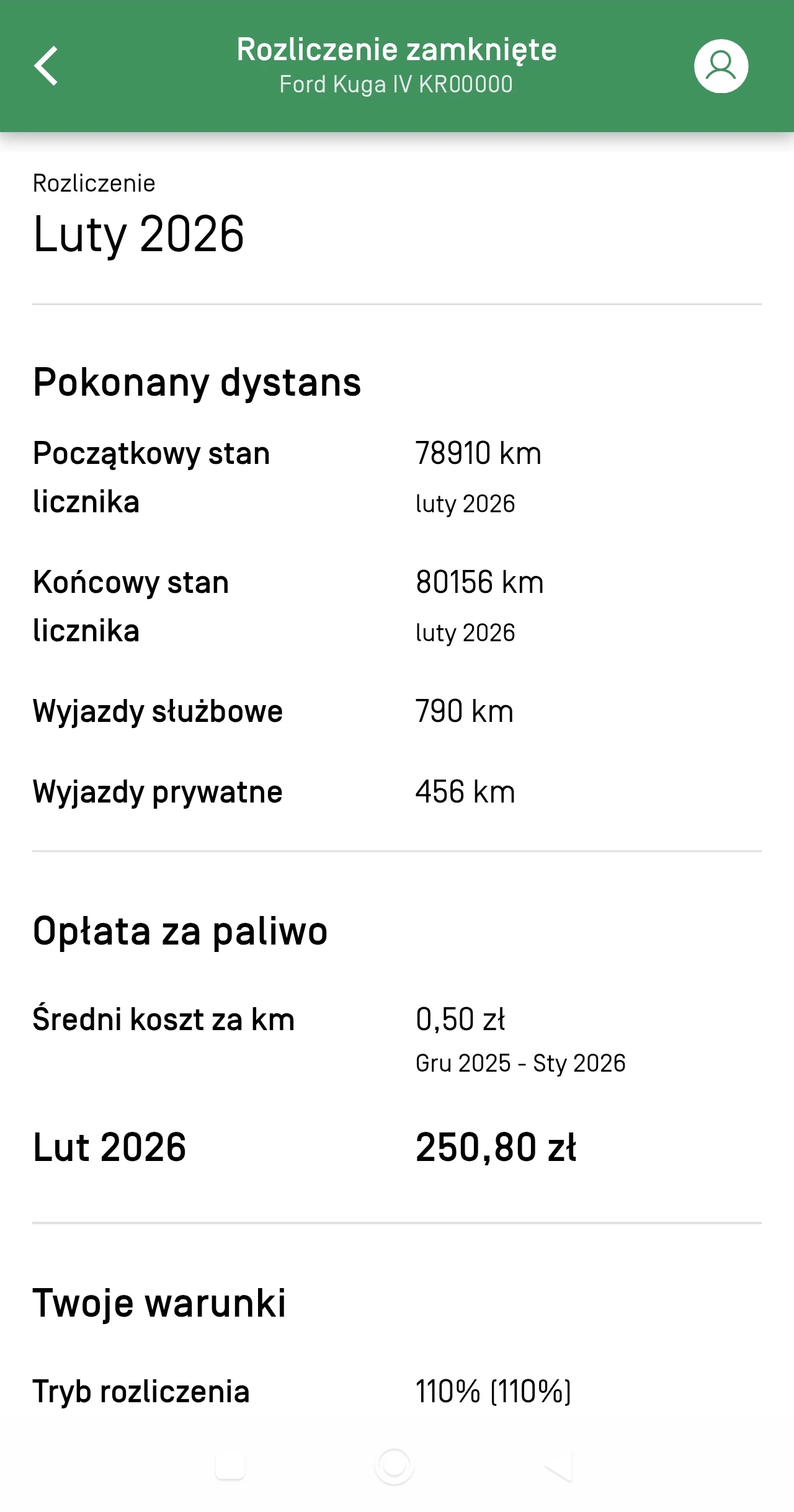Widok rozliczenia w aplikacji Carfleet