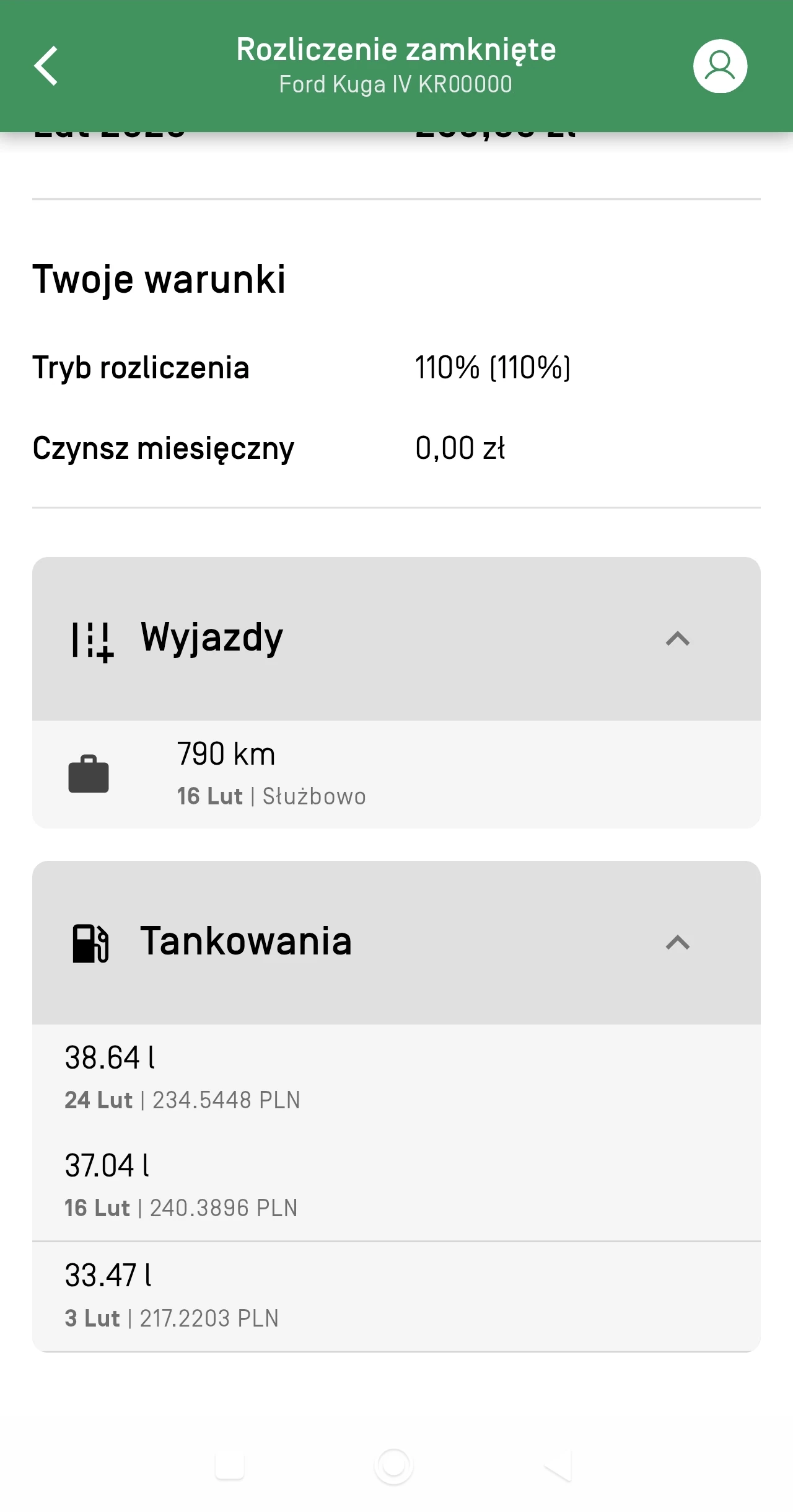 Szczegóły rozliczenia w aplikacji Carfleet
