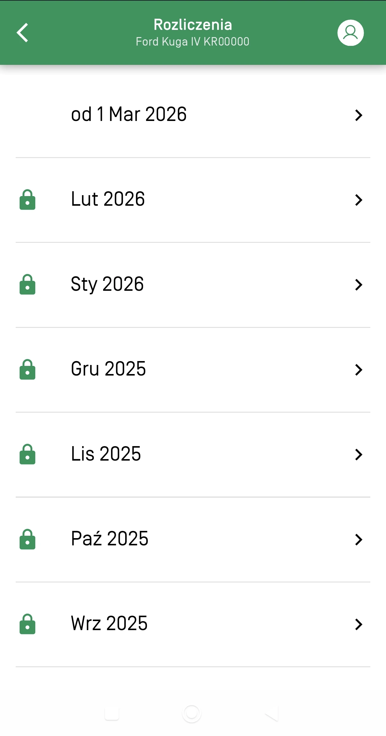Lista rozliczeń w aplikacji Carfleet