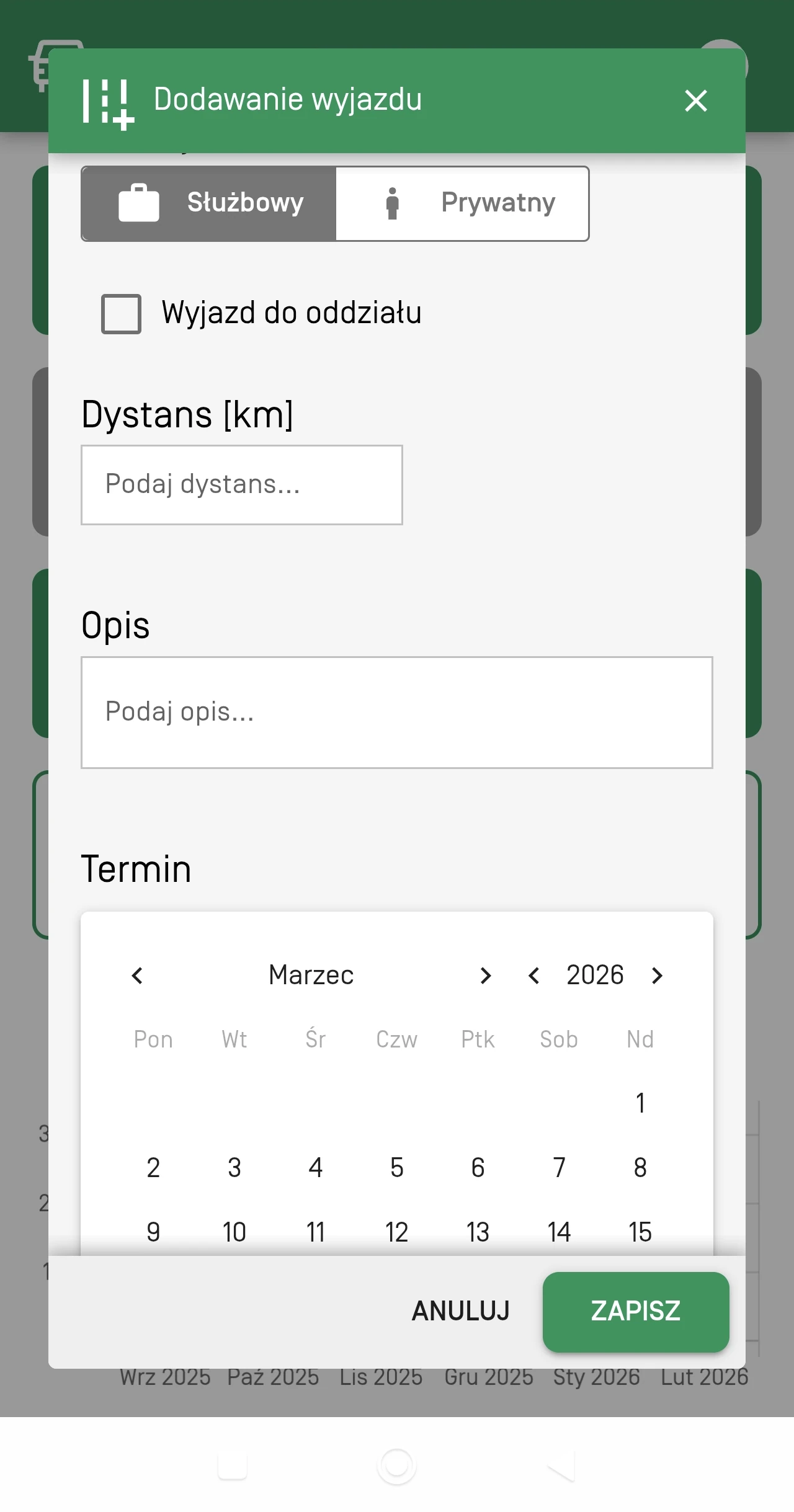 Ekran podróży służbowej w aplikacji Carfleet