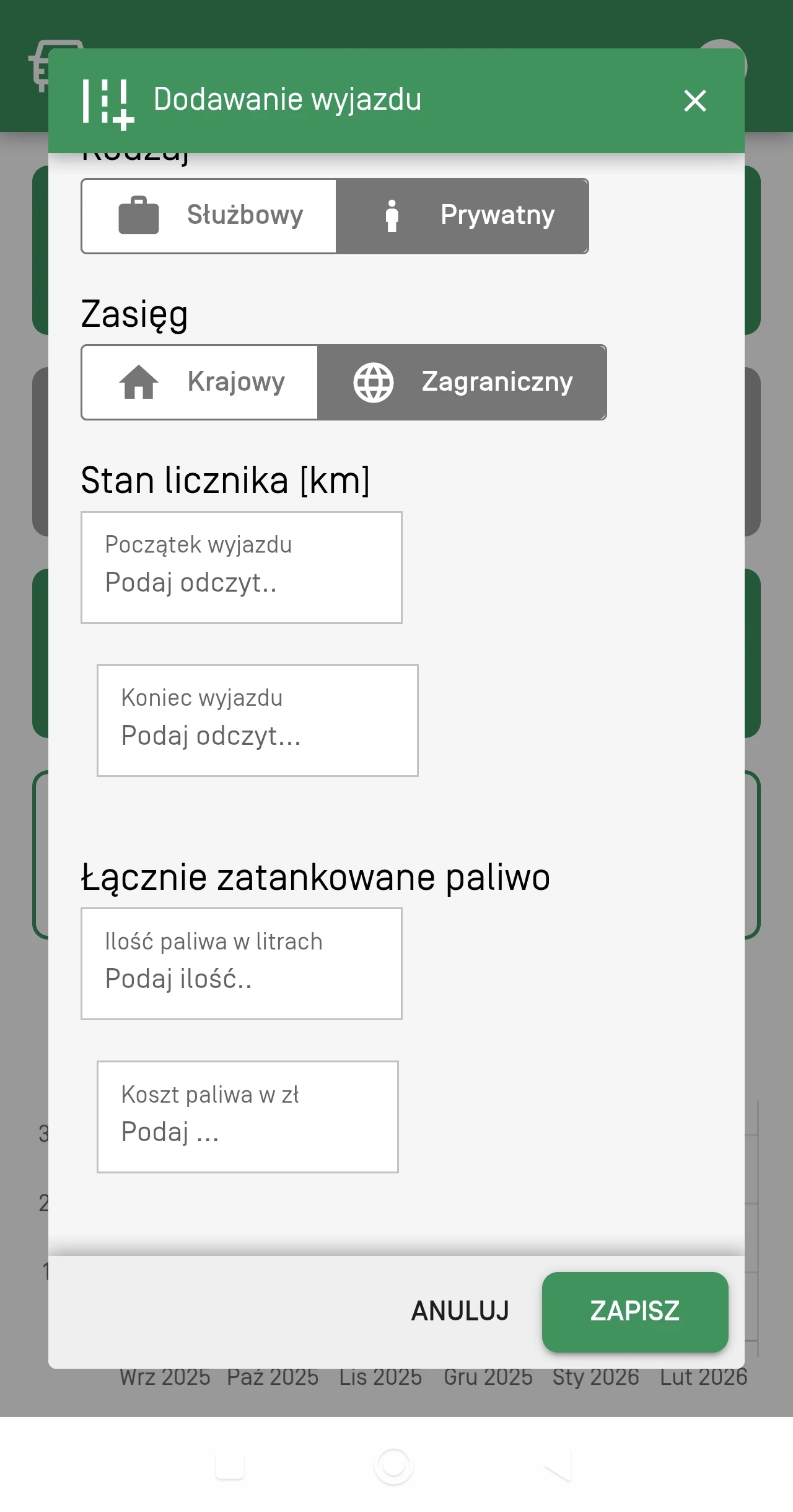 Szczegóły podróży służbowej w aplikacji Carfleet