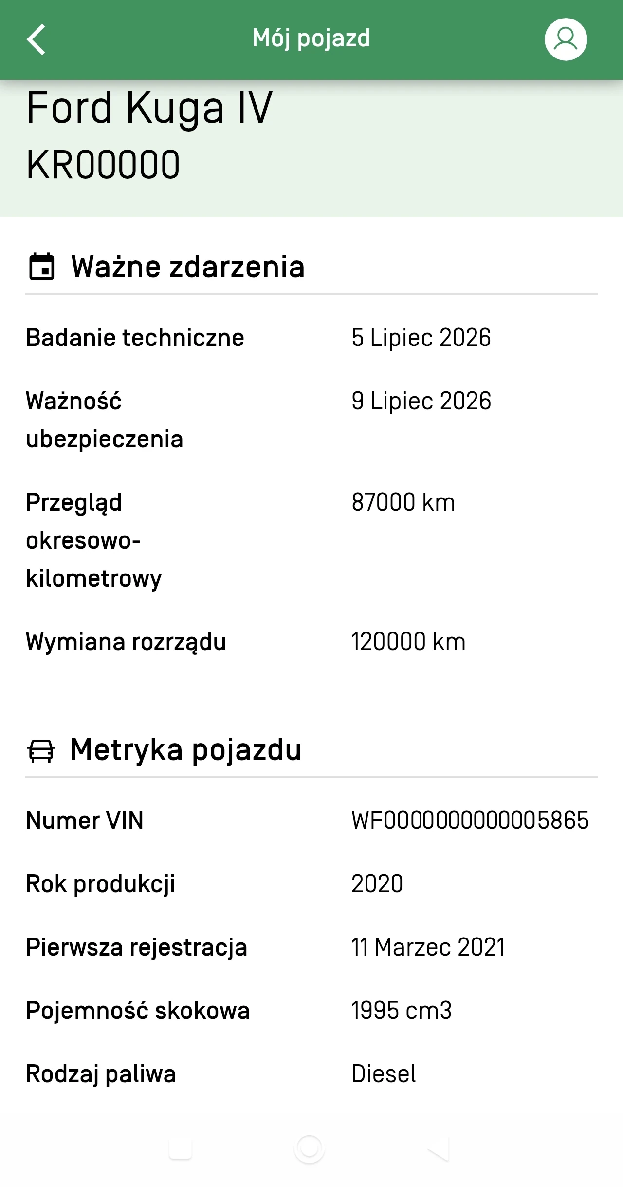 Widok pojazdu w aplikacji Carfleet