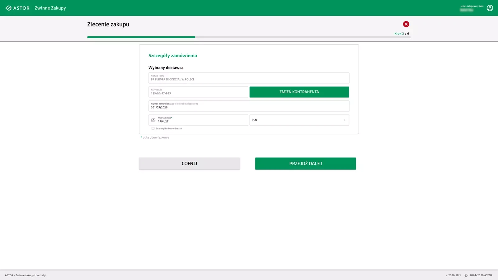 Formularz edycji danych podstawowych zamówienia