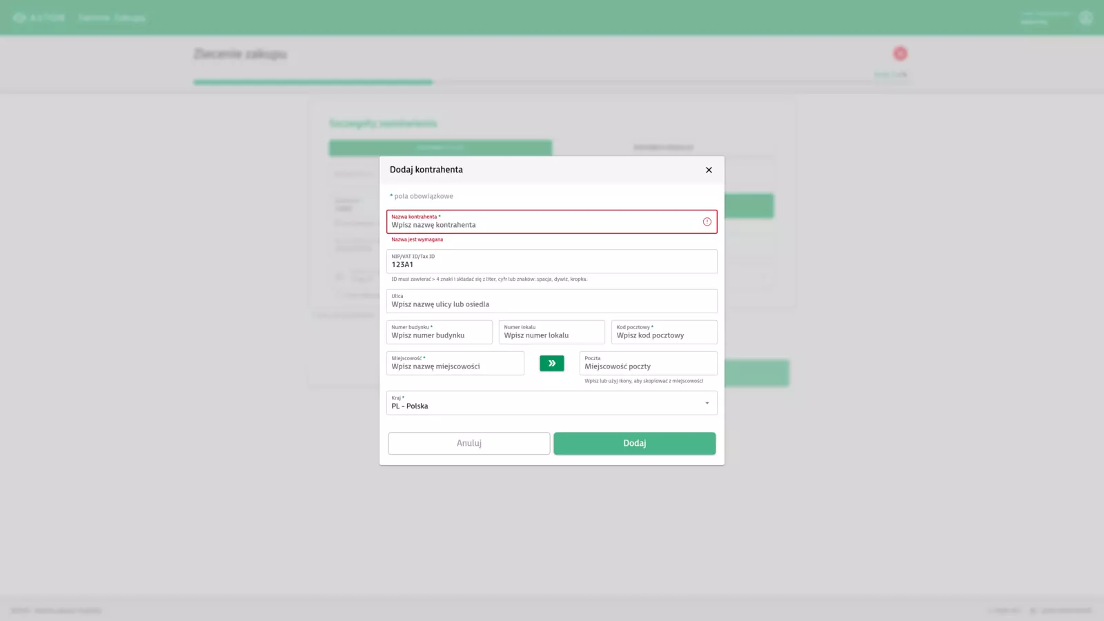 Widok dodawania nowego kontrahenta w systemie Spendly