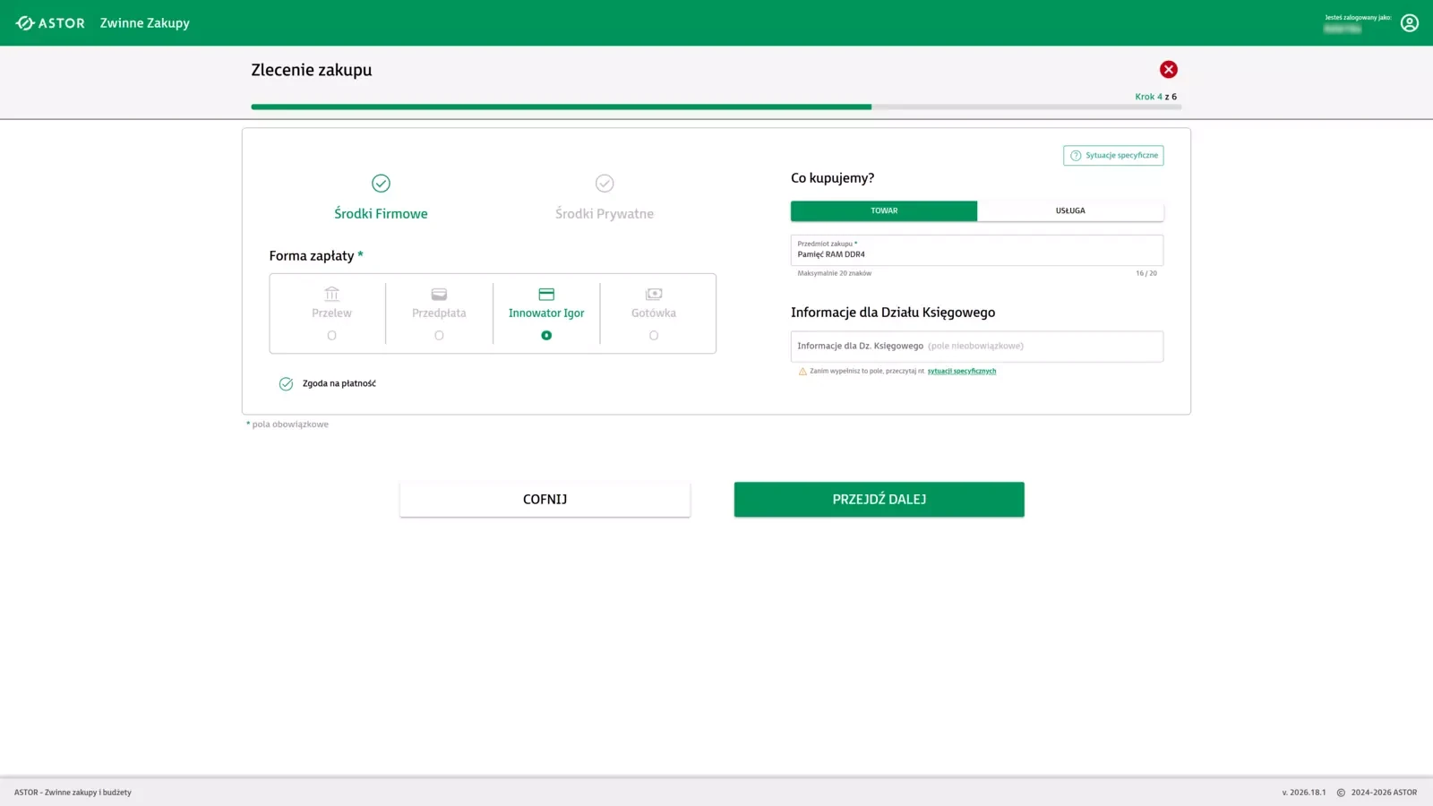 Widok danych płatności zamówienia