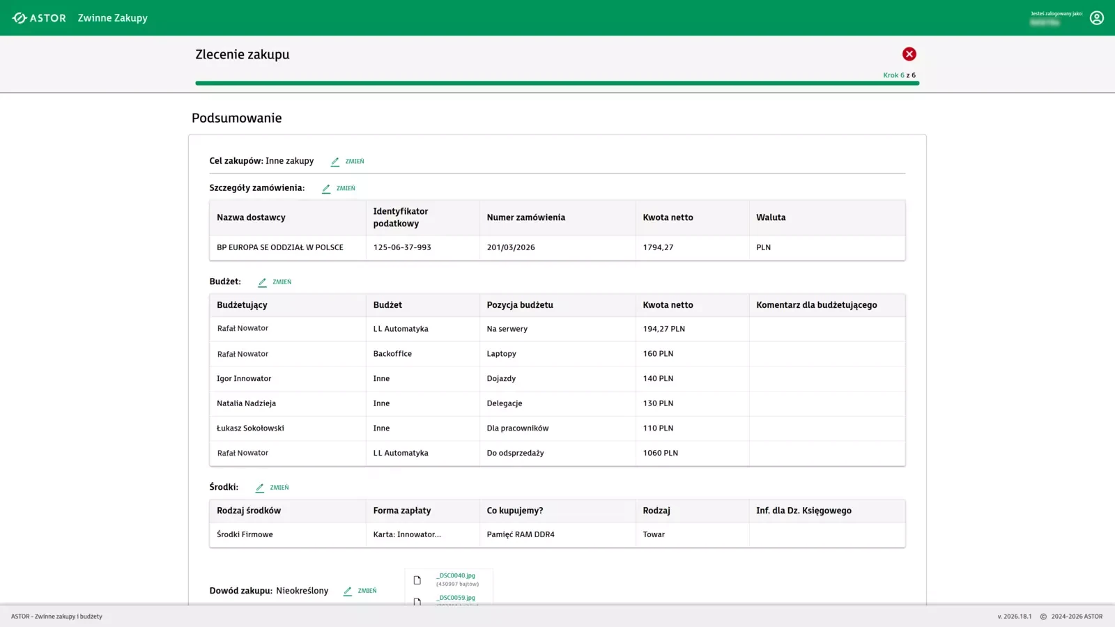 Widok podsumowania procesu zakupowego