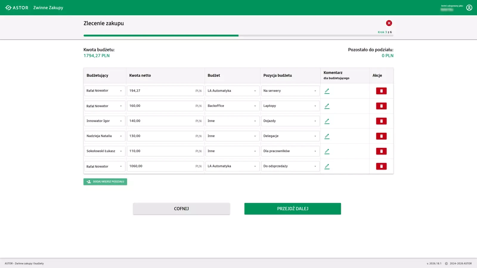 Widok przydzielania budżetów do zamówienia