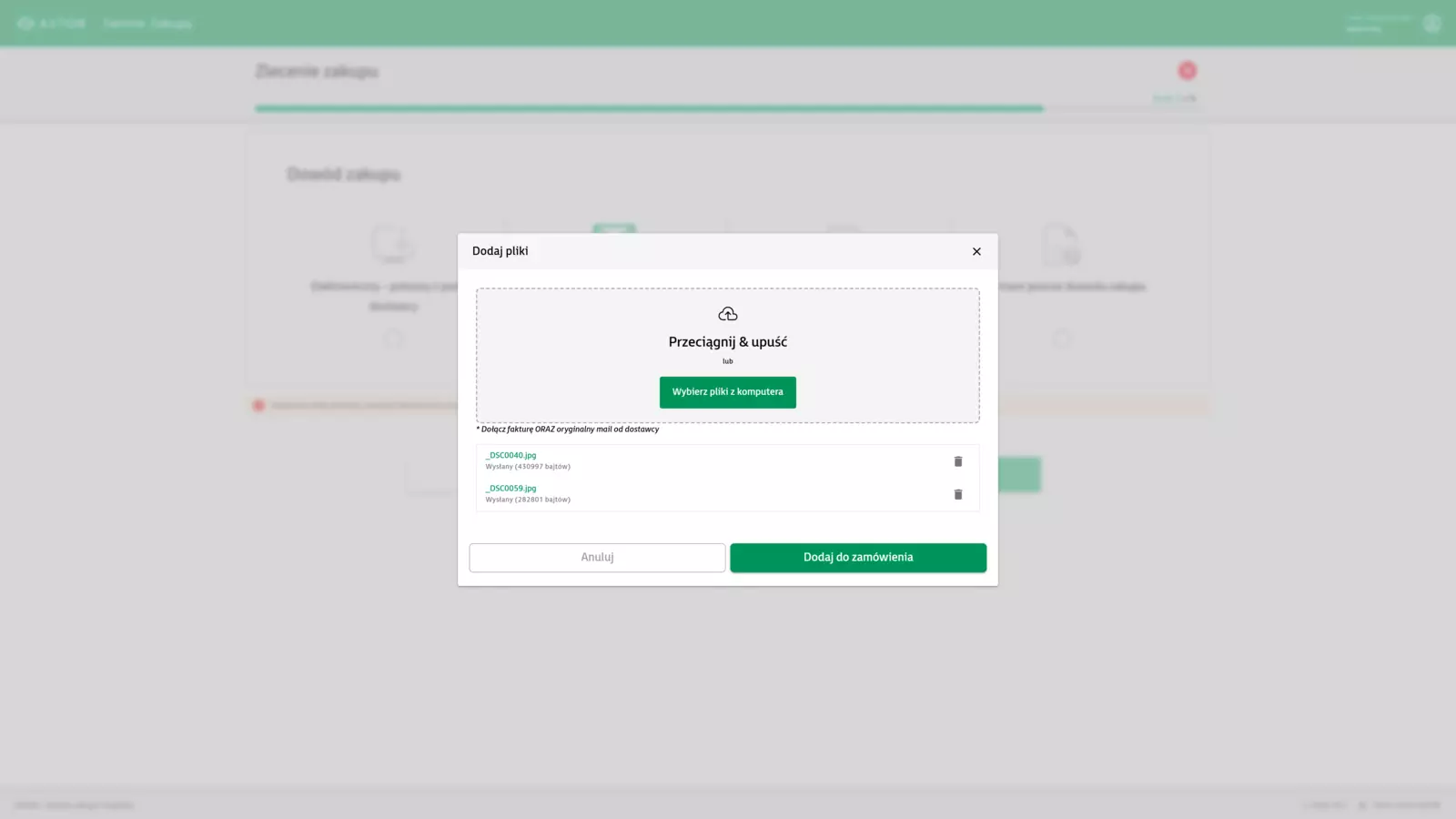 Widok załączników do zamówienia