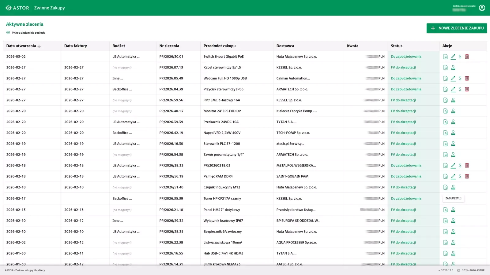 Lista zamówień w systemie Spendly
