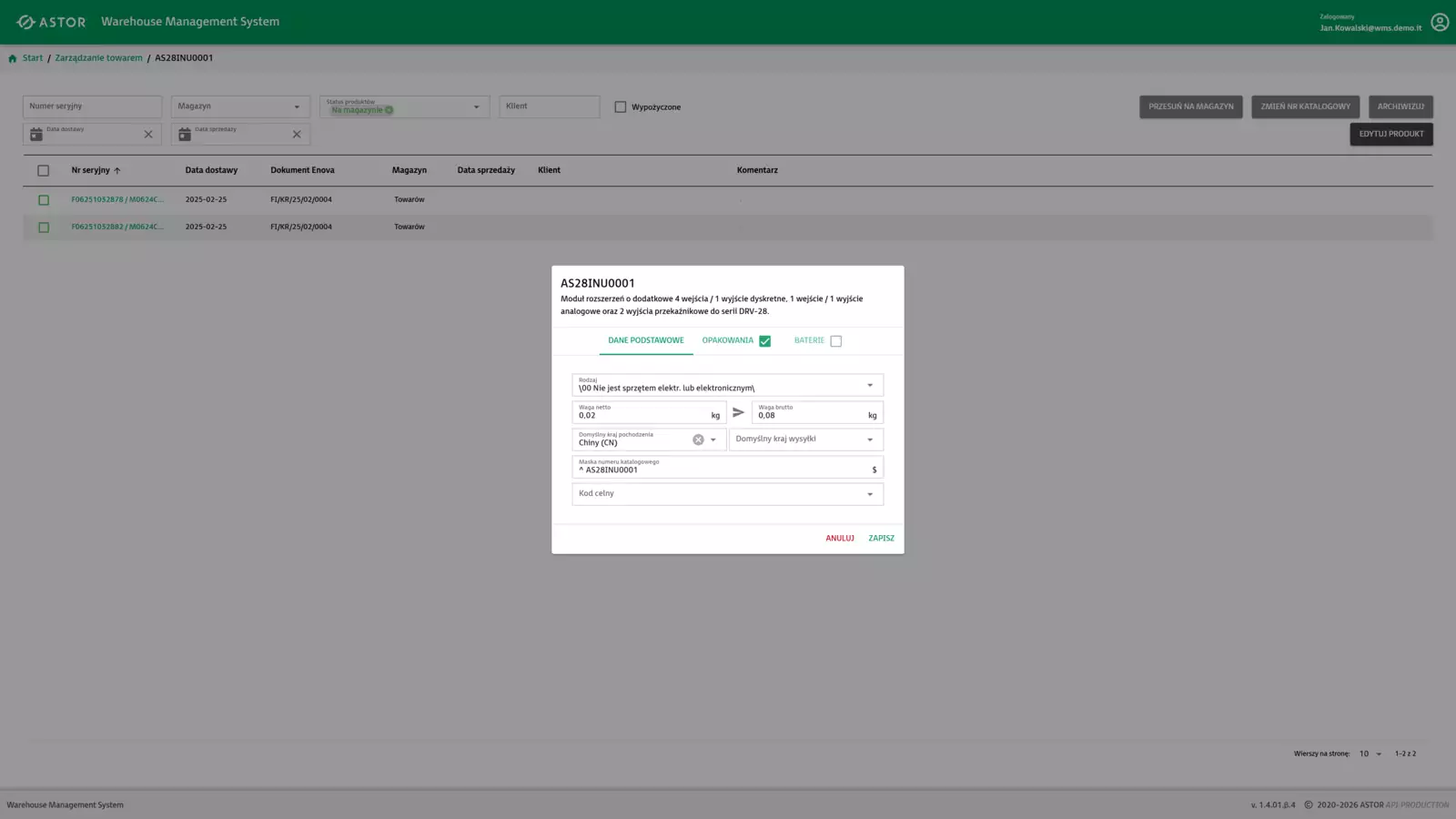 Edycja danych towaru