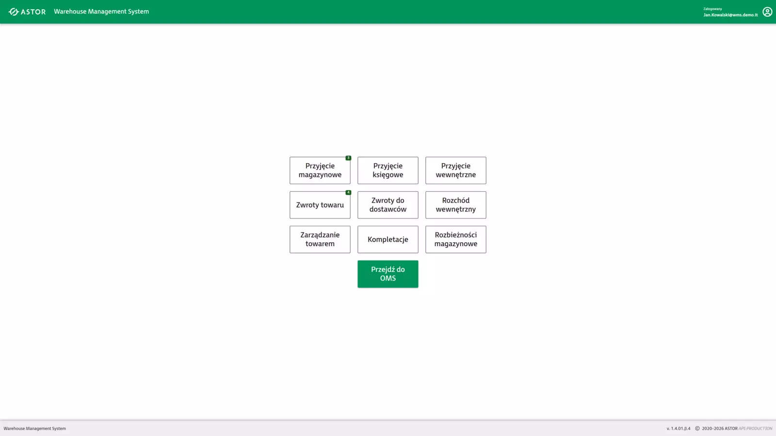 Ekran główny systemu WMS