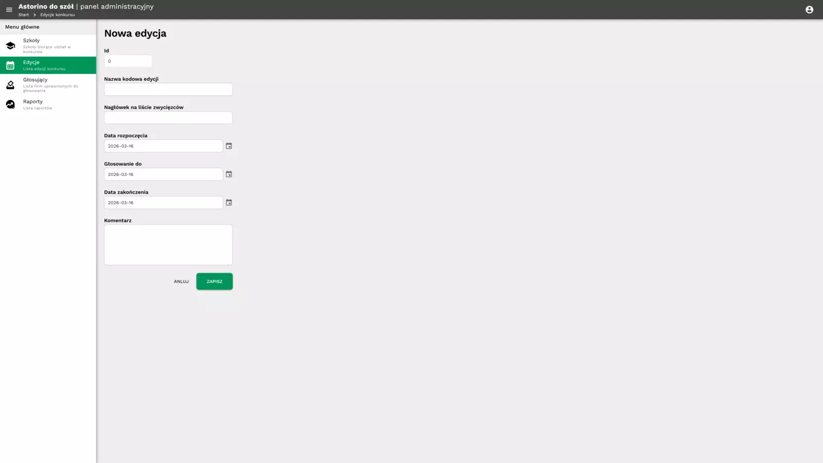 Panel — tworzenie nowej edycji