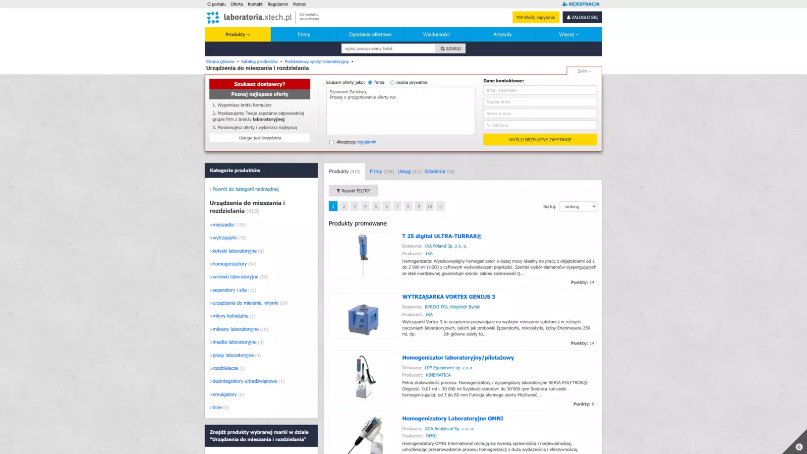 Widok katalogu produktów w portalu laboratoryjnym