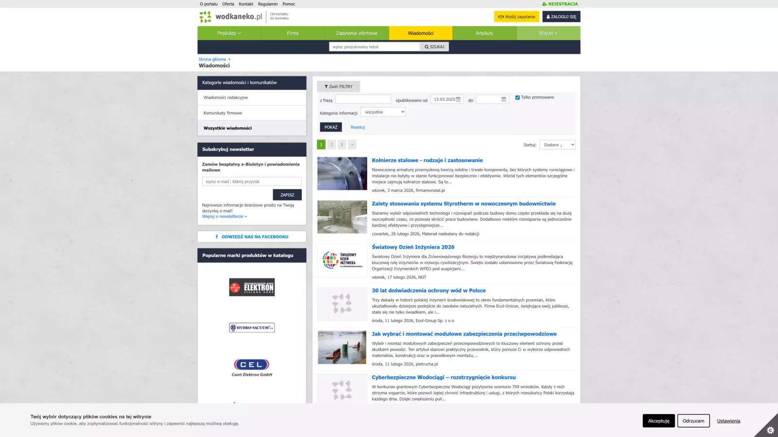 Sekcja aktualności portalu branży wod-kan