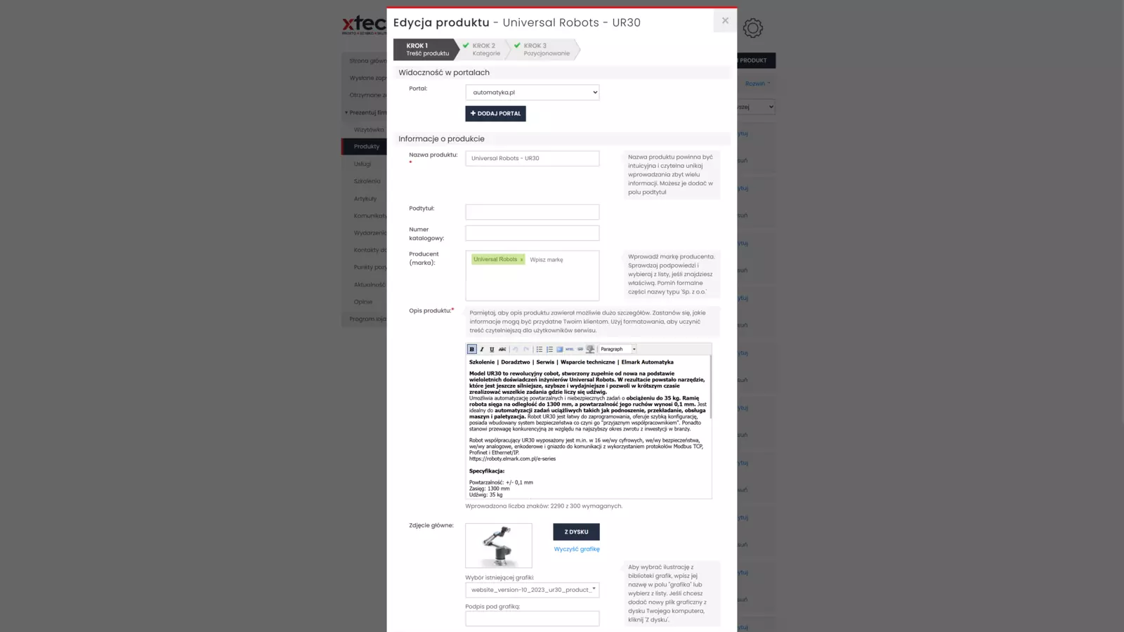 Formularz edycji produktu w panelu administracyjnym