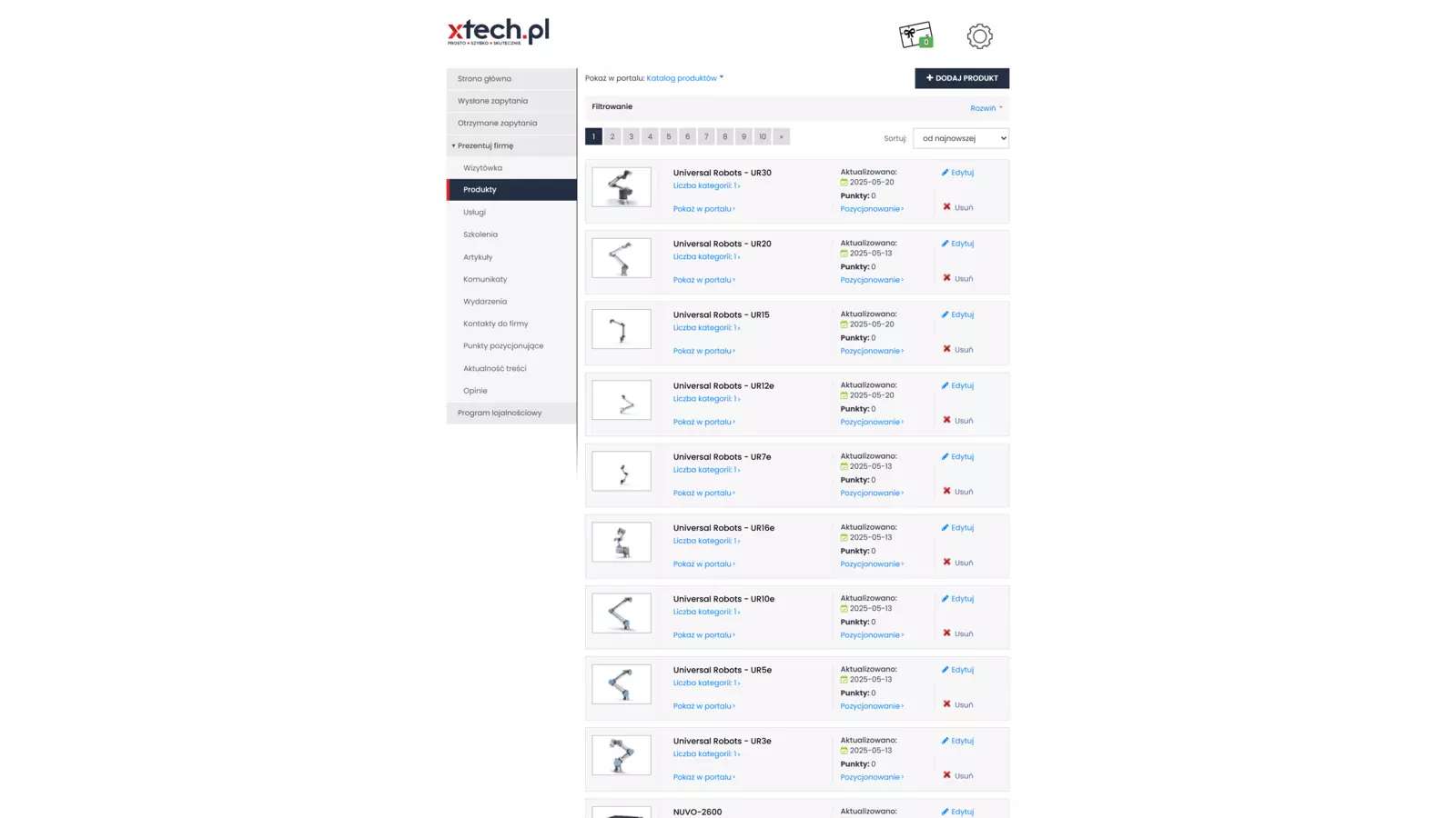 Panel administracyjny z listą produktów