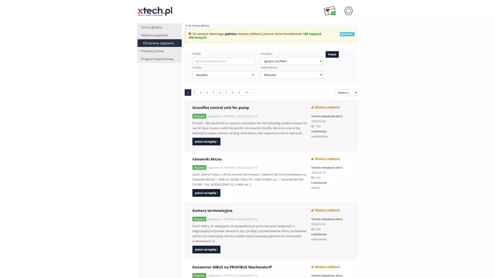 Widok zapytań ofertowych w panelu administracyjnym